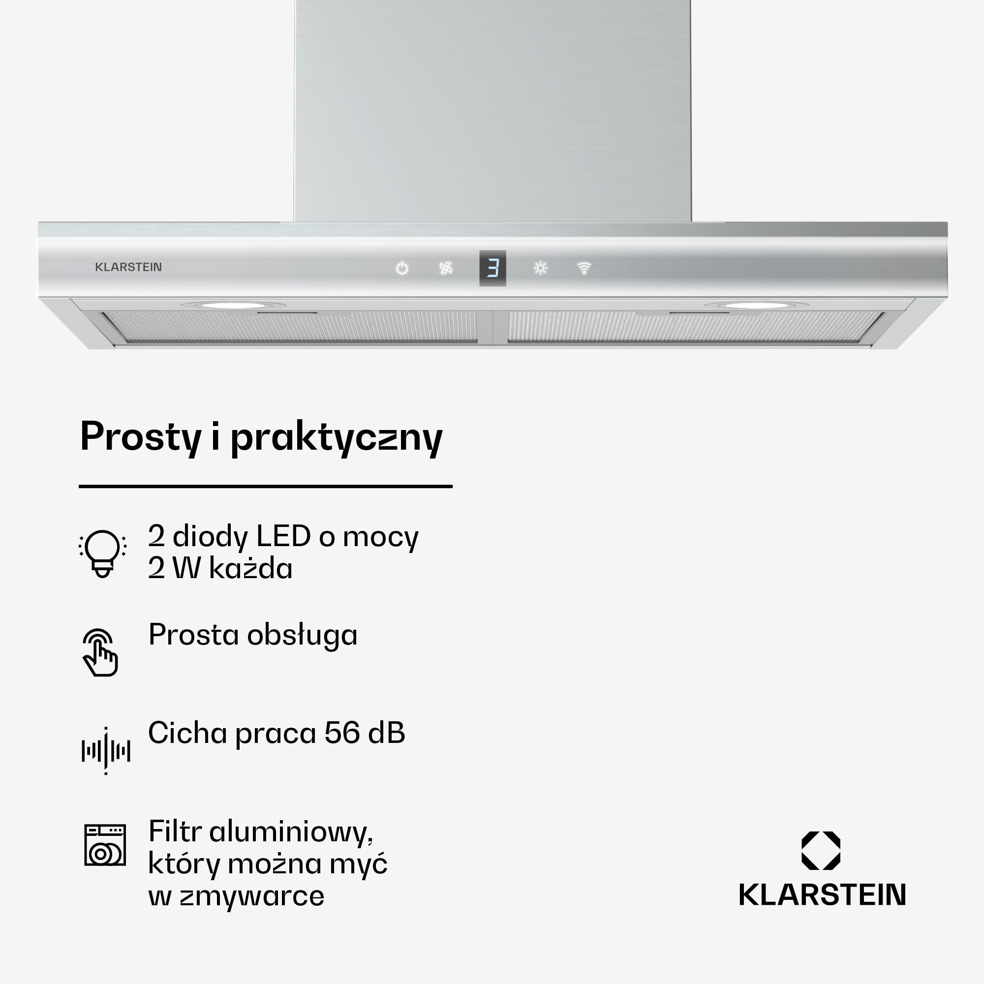 Klarstein Auriana okap kuchenny – 60 cm, przepustowość powietrza 700 m³/h, efektywność energetyczna A+, sterowanie Wi-Fi i dotykowe, oświetlenie LED 6000 K, silnik 110 W, czarny, filtr powietrza