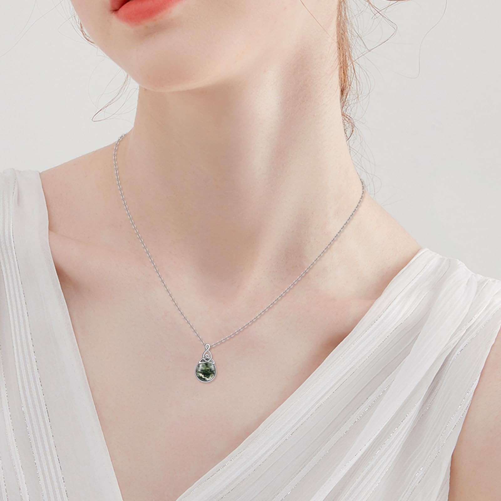 POPLYKE Keltische Knoten Halsketten für Damen 925 Sterling Silber Tränensrope Moos Agat Halskette Irisch Keltischer Anhänger Schmuck Geschenke für Mutter Damen