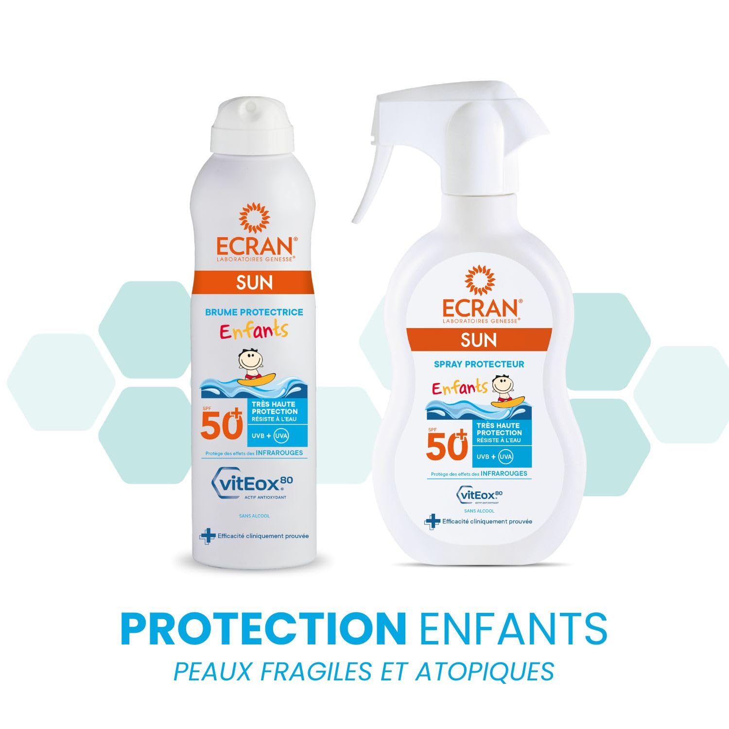 ECRAN® - Brume Protectrice Enfant - Très Haute Protection - Technologie vitEox80 - Vitamine E - Protection UVA, UVB, Lumière Bleue, Coups de Soleil - Protection Solaire SPF 50+ - Résistante à l'eau