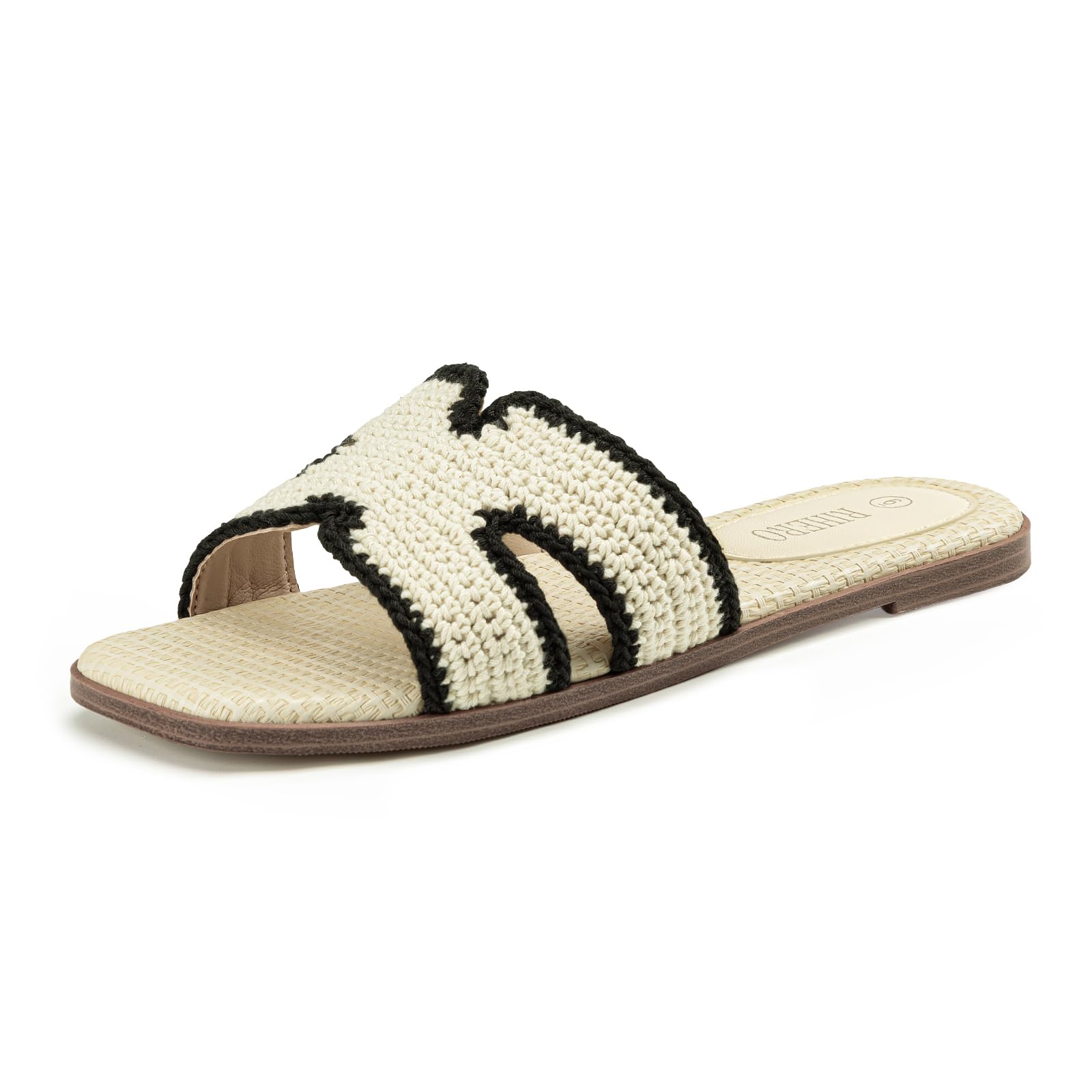 Rihero Flat Sandals Women Dressy Comfortable Slip On Leather Slide Sandals | PU / Raffia Clear Knit Upper, Square Toe, Cushioned Footbed, Casual Slides, Vacation, Travel, Work, Everyday Summer Sandals