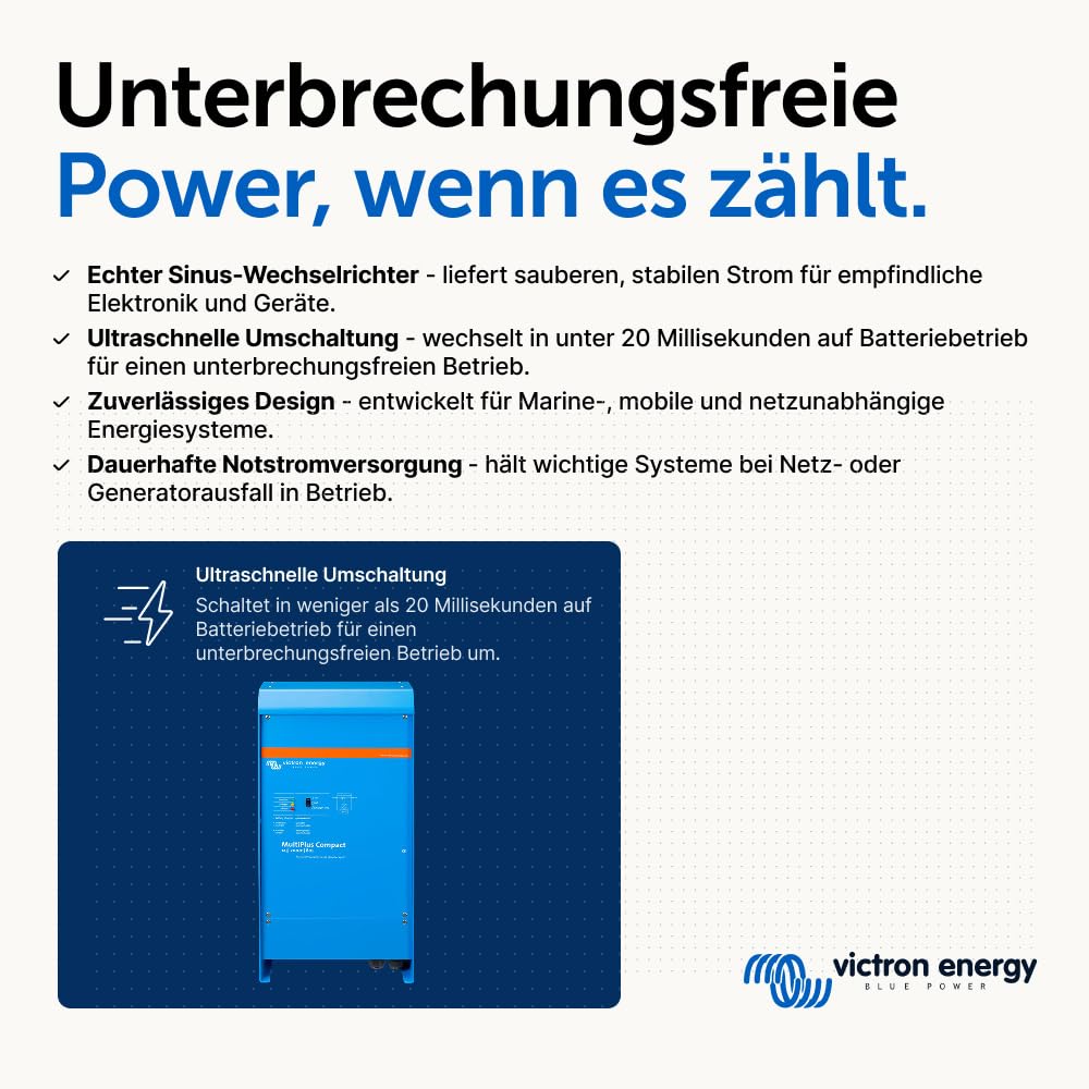 Victron Energy MultiPlus Reiner Sinus Wechselrichter 80 Amp Batterie Ladegerät, Spannungswandler, Transferschalter Inverter Kompakt, 2000VA 12-Volt 230V