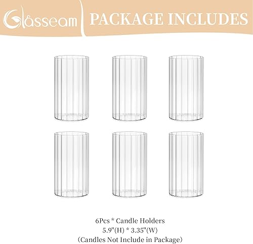 Miniatura 6 de Glasseam Candelabros de cristal de huracán 6 portavelas transparentes para velas de pilar acanaladas modernas, jarrones cilíndricos decorativos para