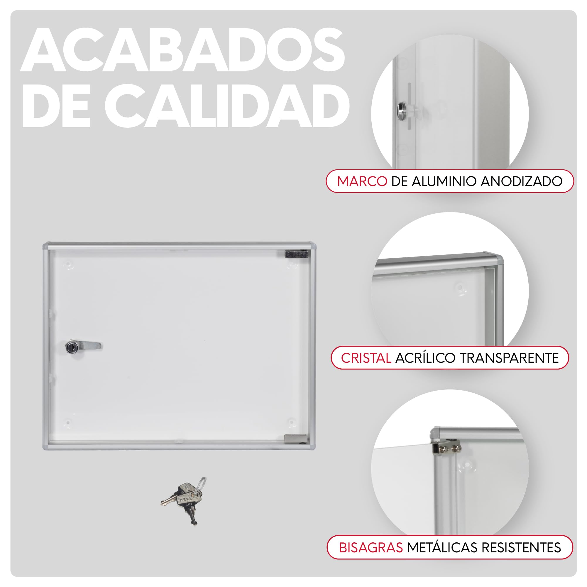 Tablon de Anuncios con Llave 46x35cm | Tablón Anuncios Exterior o Interior | Aluminio y Policarbonato Resistente | Fondo Metálico Apta para Imánes | Fácil Montaje