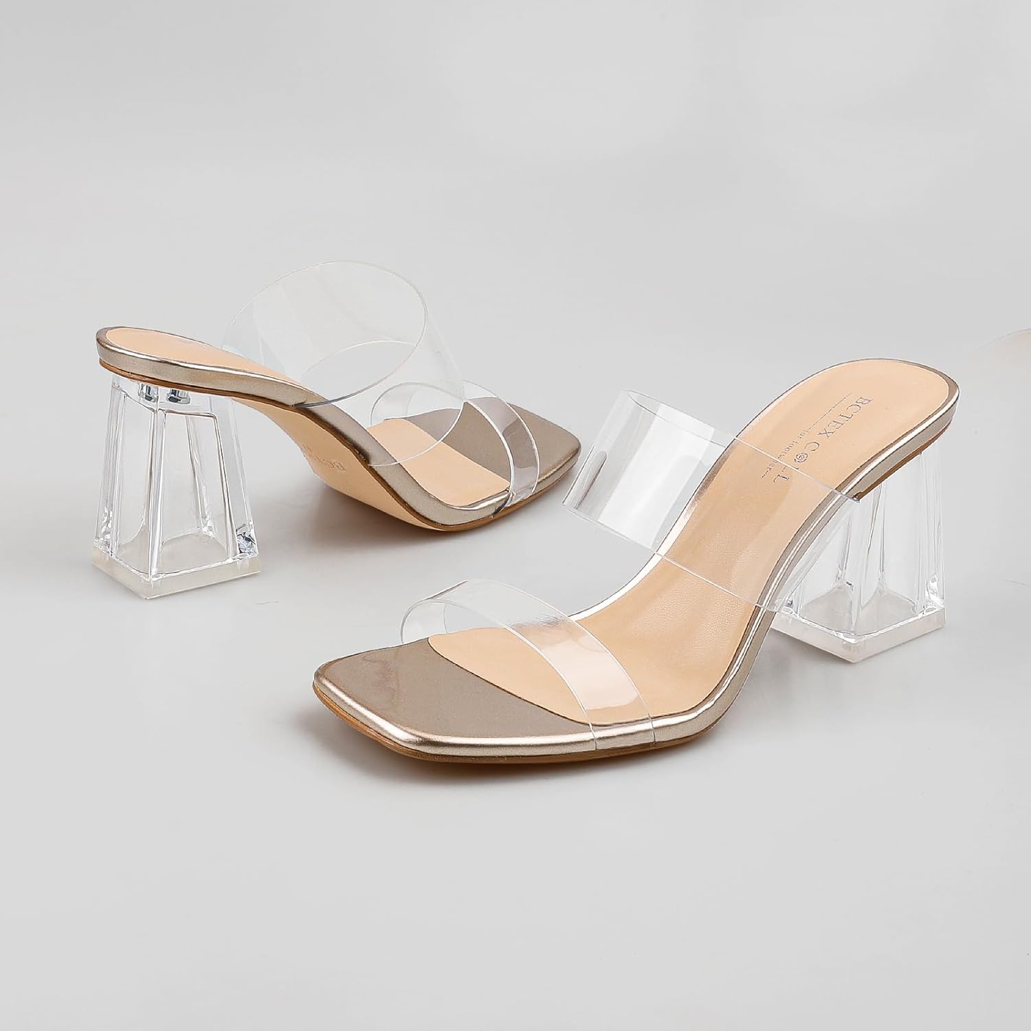 BCTEX COLL Women's Clear Heeled Sandals Transparent Two Strap Square Toe Slip On Chunky Block Heels Dress Shoes, Beige, Black, Nude, Rose Gold - Image 4