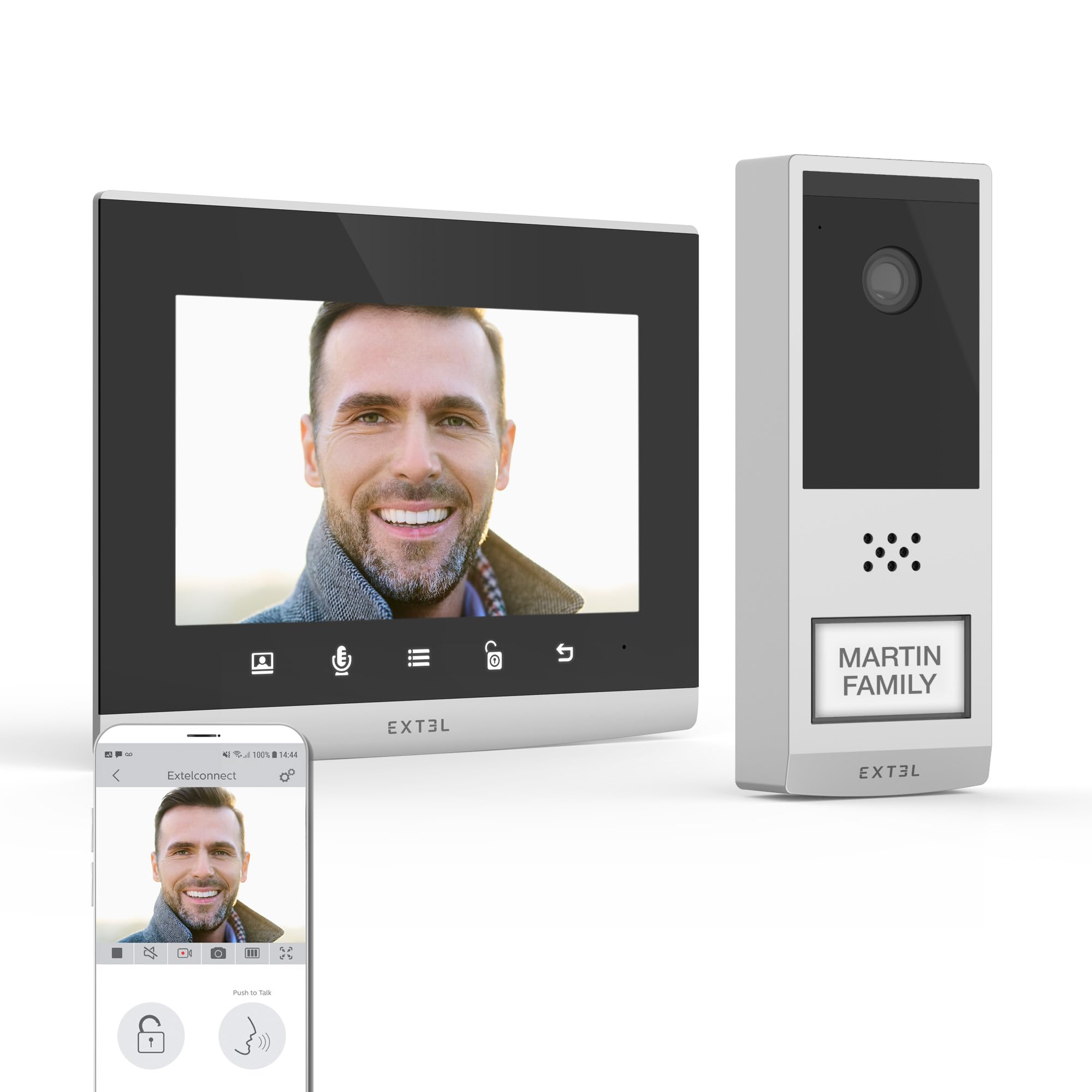 EXTEL Wave 2, Visiophone Connecté sans Fil, Portée 350m, WiFi Double Bande 2.4/​5GHz, Écran Tactile 7 Pouces, Batterie Rechargeable, Vision Nocturne, Ouverture Portail, sans Abonnement, Gris