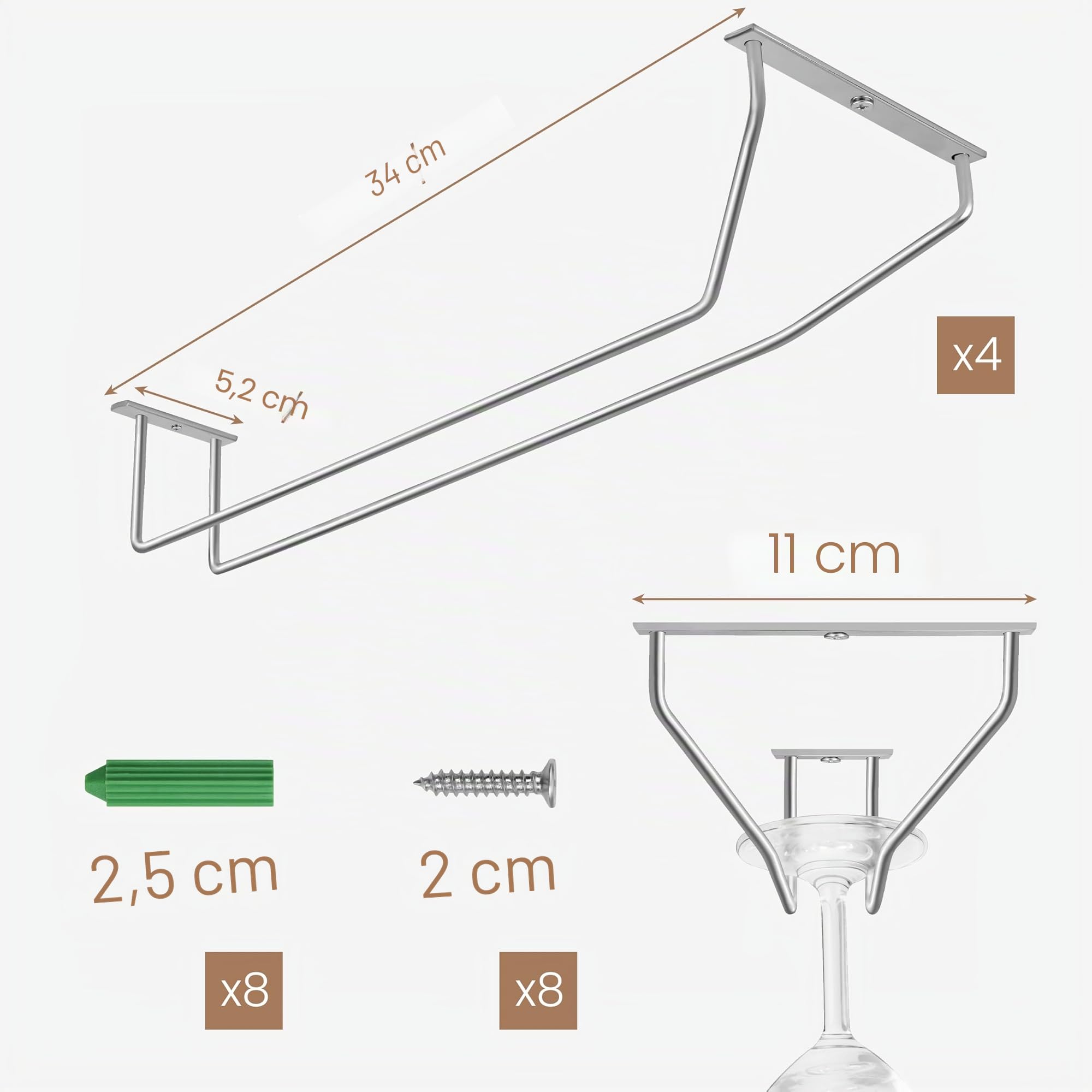 BELLE VOUS Lot de 4 Porte Verres Suspendu en Acier Chromé avec Vis et Chevilles - Support Verre a Pied Suspendu de 34 x 11 cm - Rangement Verre a Pied pour Bar et Cuisine