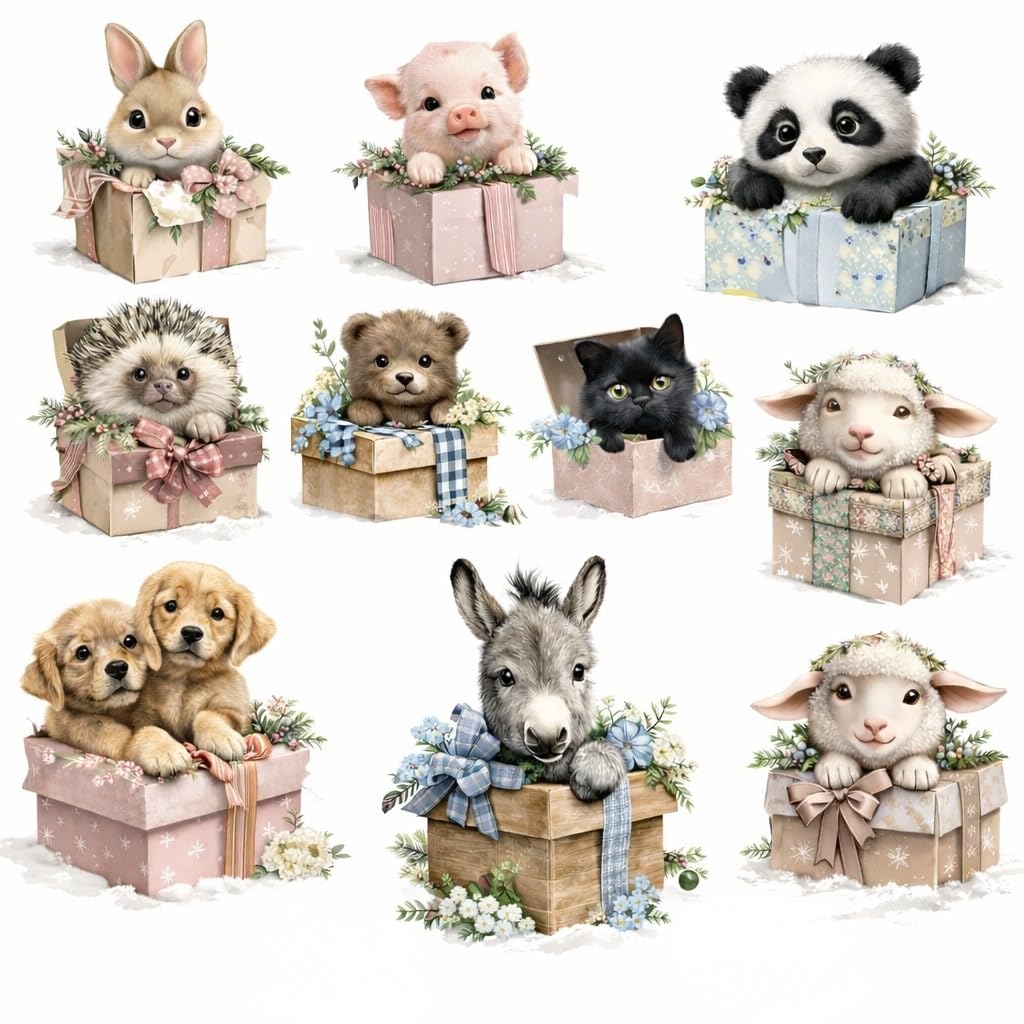– UV DTF Rub-On Transfer Stickers, 10 Cute Animals in Gift Boxes Pattern, Waterproof Decals for Mugs, Water Bottles, Notebooks, Laptops, 2.5 Inch