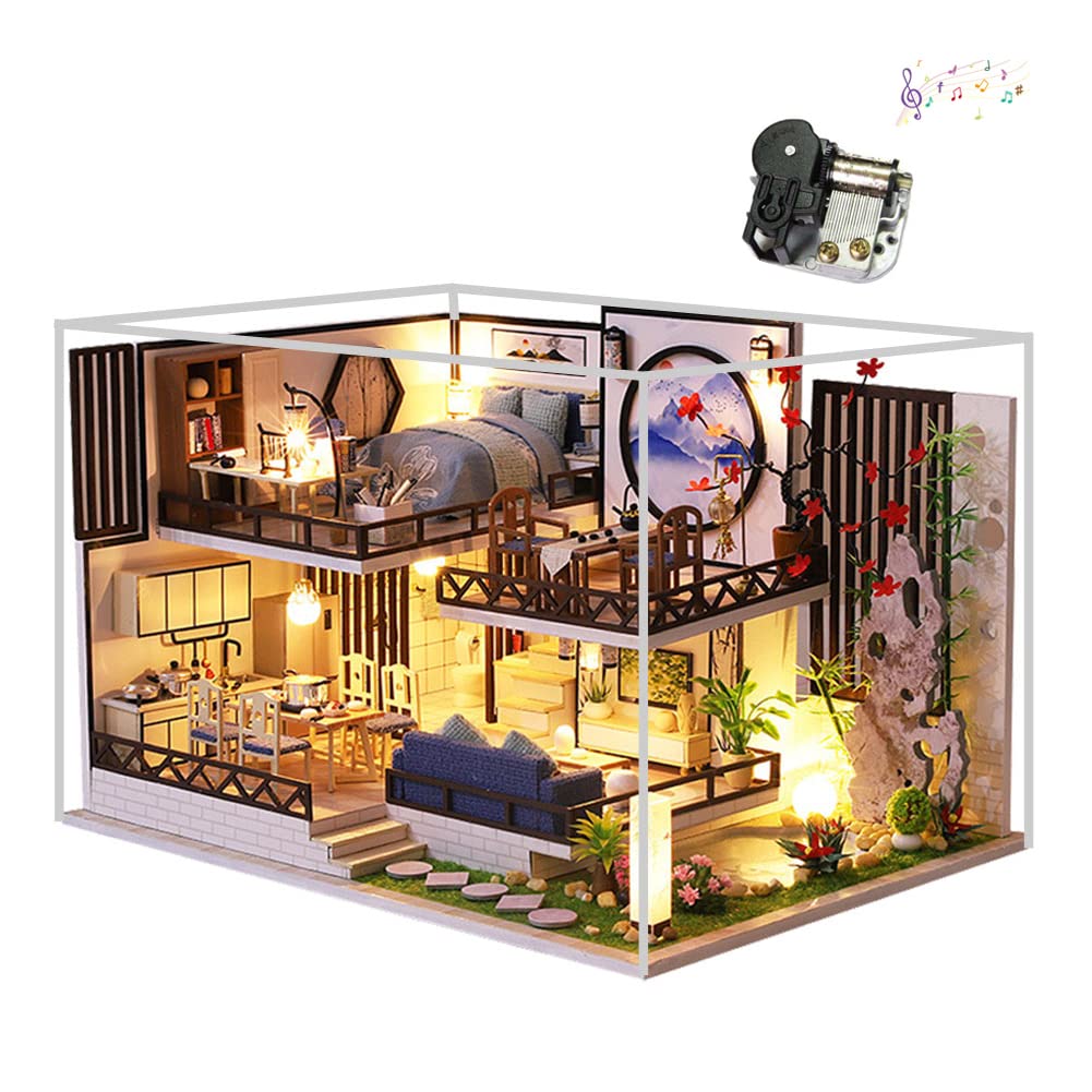 Domek dla lalek zestaw z pyłoszczelną okładką i ruchem muzycznym waga 1:24 drewniany DIY miniaturowy domek dla lalek zestaw zabawka prezent (atrament pachnący bambusowy rym)