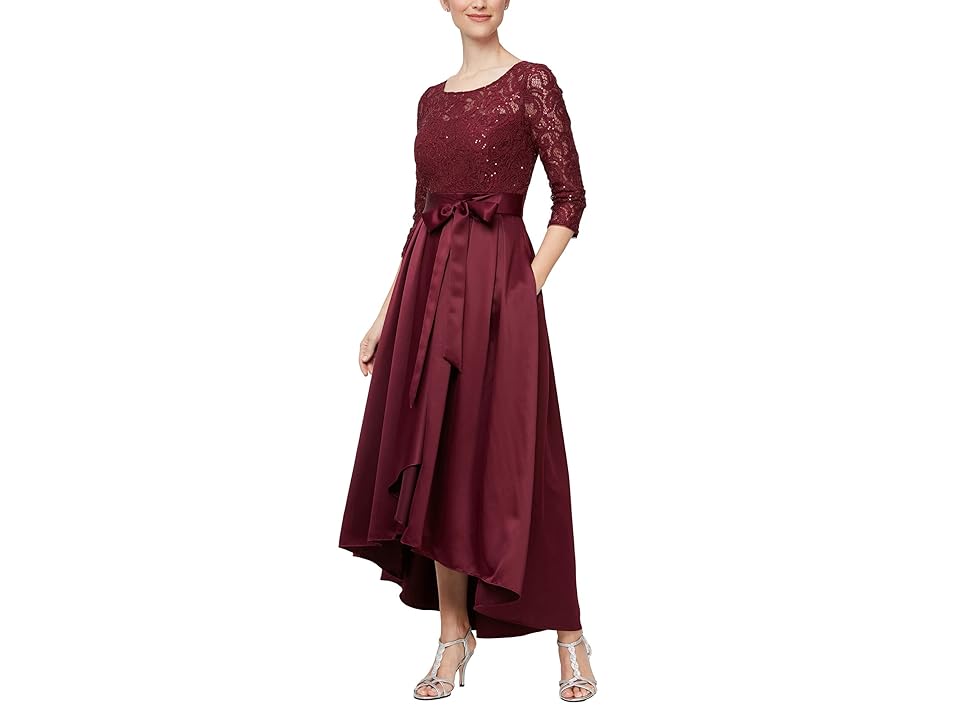Alex Evenings Petite Sequin Lace Party Dress with Satin Skirt and Self Belt (Wine) Women's Dress INTERNATIONAL SHIPPING