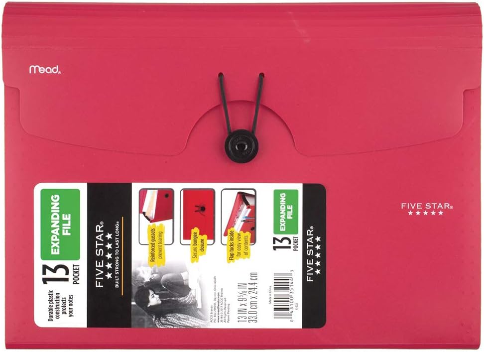 Five Star Expanding File Folder, 13-Pocket Expandable File Folder, Red (38145)