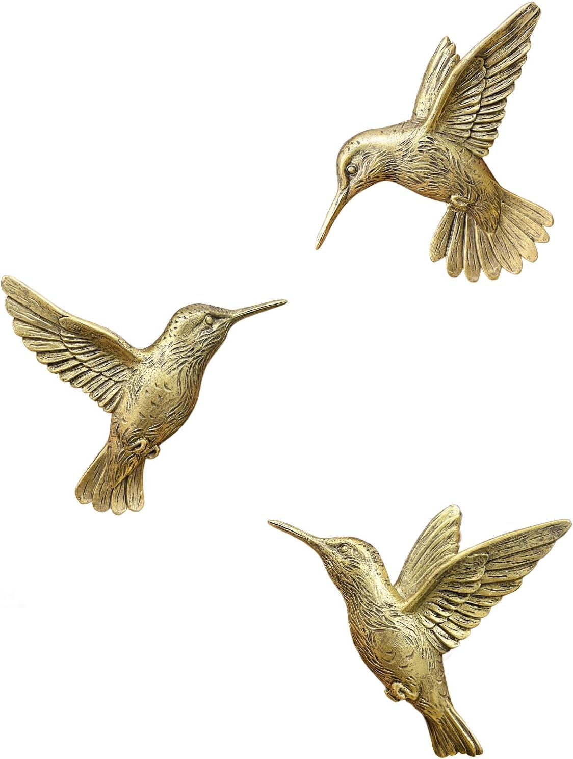 GUSFREUD 3D Hummingbird Wall Decor Set - Brass Resin Bird Wall Decor for Living Room, Bedroom and Gallery Walls - Vintage Gold - Set of 3