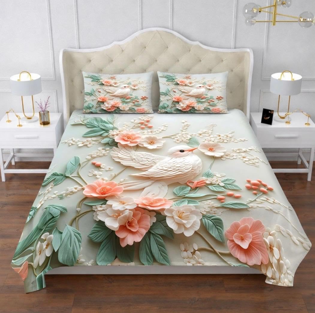 7D Digital Print King Size Premium Glace Cotton Flat Double Bedsheet with 2 Pillow Covers (Size 90x100 Inch) - Floral Bird Digital 7D-image-41