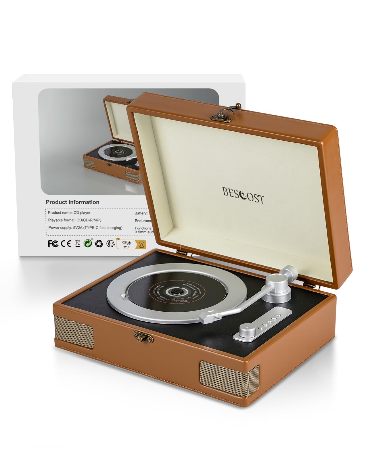 Lecteur CD Portable et Haut-Parleur Bluetooth 2 en 1, Style Valise Vintage, Avec USB AUX, Pour la Maison, Bureau (Marron)