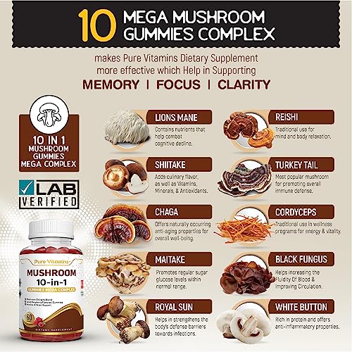 Pure Vitamins Lion's Mane Mushroom Supplement 10 in 1 Complex 60 Gummies - Mushroom Extract Blend Memory Supplement for Brain Health & Lions Mane Supplement Turkey Tail Cordyceps Reishi Chaga Shiitake - Image 4