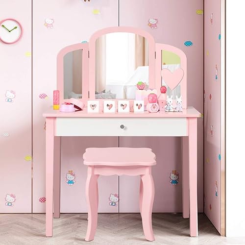 Miniatura 25 de Costzon Mesa de tocador para niños, tocador de maquillaje de princesa con cajón y espejo de tres pliegues, juego de tocador 2 en 1 con parte