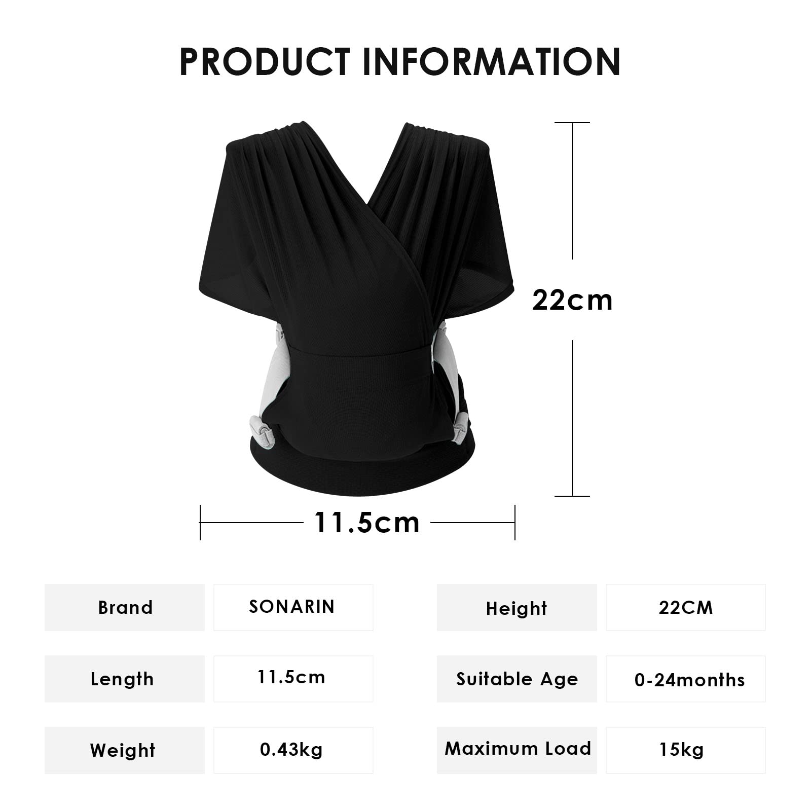 SONARIN Traspirante Fascia Porta Bebè,Portabebè Ergonomica Elastica Porta Bambino Portantina Bebè Marsupio Portabebè Neonati Leggera Portatile per Neonati Bambini fino a 15 kg(Nero)