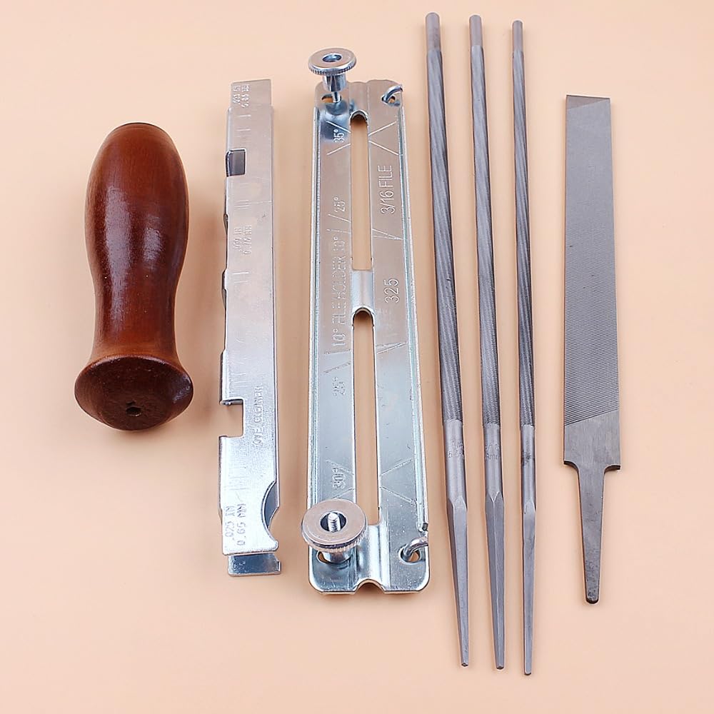 ROEDE 7 unids/Set Kit de Archivo de Archivo de Afilado de Cadena de Motosierra Archivo de 4 mm 4,8 mm 5,5 mm for Stihl 3/8quot; .325" .404" Juego de Soportes de Madera for limas de Cadena