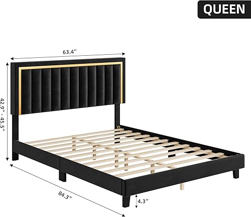 Miniatura 2 de Senfot Marco de cama de plataforma tamaño Queen cama tapizada de terciopelo con cabecera copetuda ajustable y diseño sin ruido listones de madera