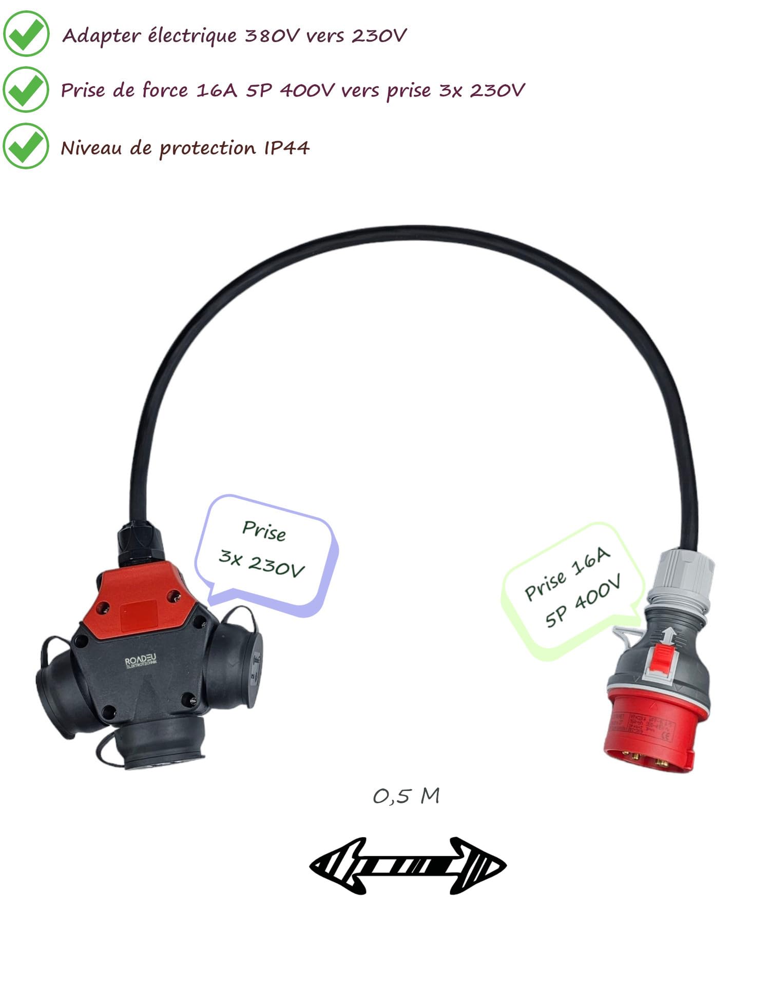 RoadEu - Rallonge 0,5m Prise Industrielle Cordon Adaptateur - Fiche d'alimentation 16A 3P+N+E vers Triple Prise 2P+E 230V, Câble en Caoutchouc,