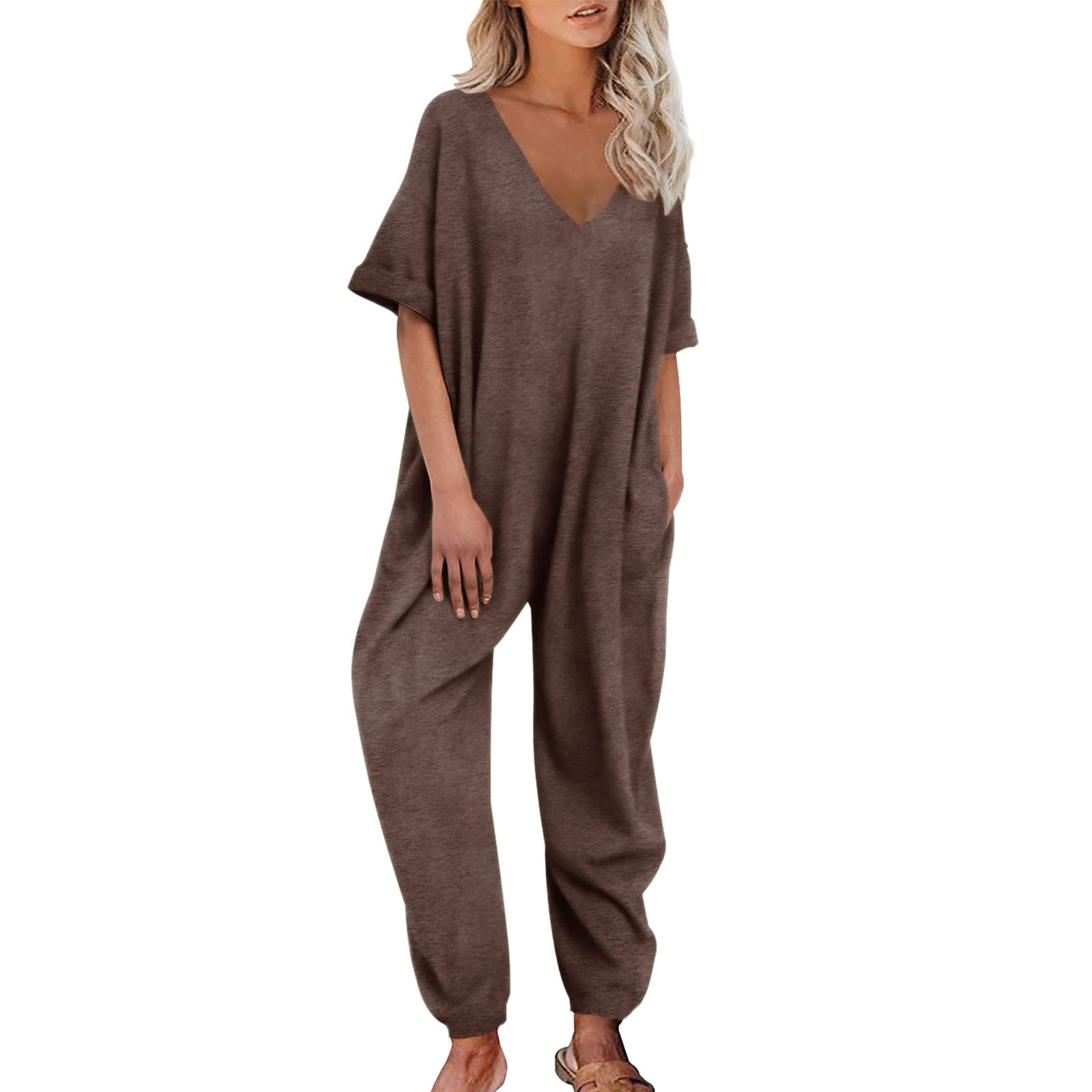 IQYU Salopette da donna, pantaloni da lavoro, estivi, in cotone, sottile, estivi, con scollo a V, con tasche, tuta sportiva