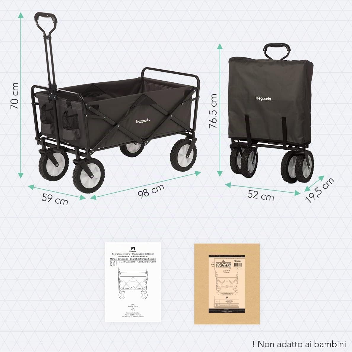 LifeGoods Carrello Spiaggia - Carrello Pieghevole Con Ruote - Carrello Spiaggia Ruote Grandi - Ruote Girevoli - 2 Supporti - Capacità Di Carico Di 70Kg - Grigio