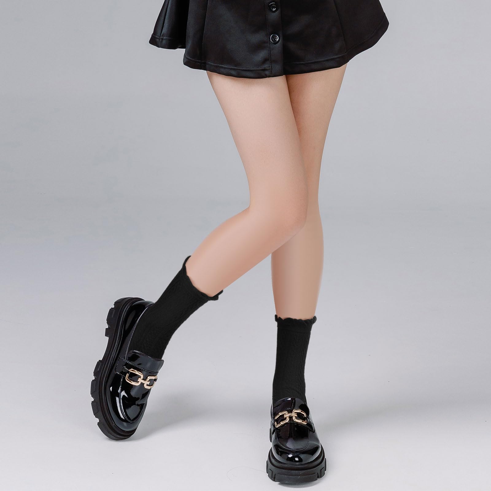 Geyoga 5 Pairs Ankle Ruffle Socks for Women Cute Cotton Soft Breathable Cool Crew Frilly Plush Socks: Black