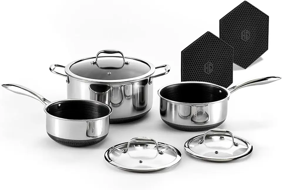 HexClad Hybrid Nonstick 6-Piece Pot Set with 2 Silicone Trivets, 2, 3, and 8-Quart Pots with Tempered Glass Lids, Stay-Cool Handles, Dishwasher-Friendly, Induction Ready, Compatible with All Cooktops