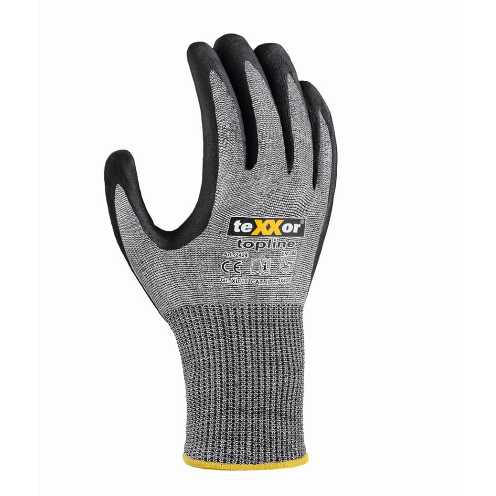 texxor 144 Stück Schnittschutz-Strickhandschuhe 2424, besandete Nitrilbeschichtung, grau-schwarz, 8/M, Karton, Arbeitshandschuhe, Schnittschutzhandschehe, Strickhandschuhe