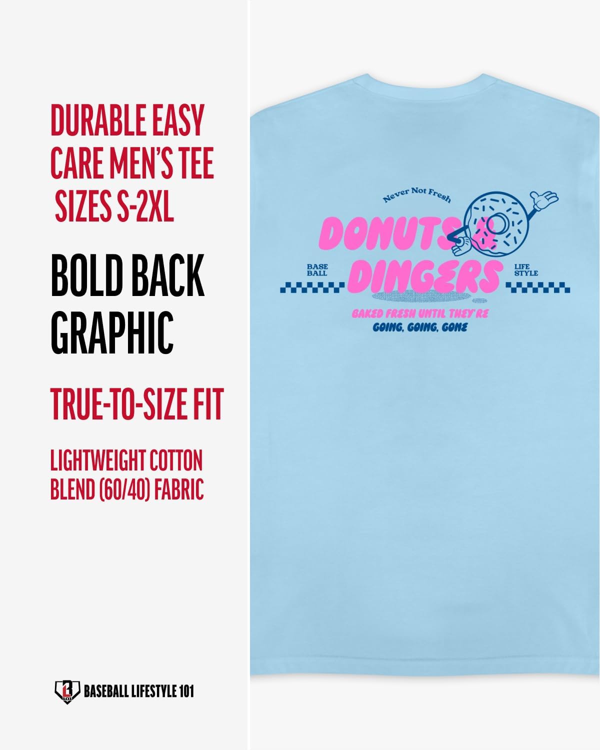 Baseball Lifestyle 101 Donut Tee for Men - White, Soft 60/40 Blend, Breathable, Side-Seamed T-Shirt, Adult Sizes S-XL