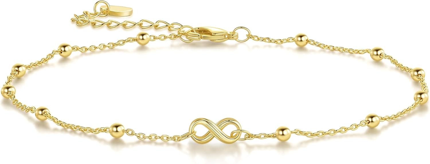 ERIN MARIE 14K Gold Anklets for Women Ankle Bracelets for Women Gold Anklets Infinity Symbol and Evenly Spaced Bead Infinity Bead Ankle Bracelets for Womens With Adjustable Size (9.4-11) Inches
