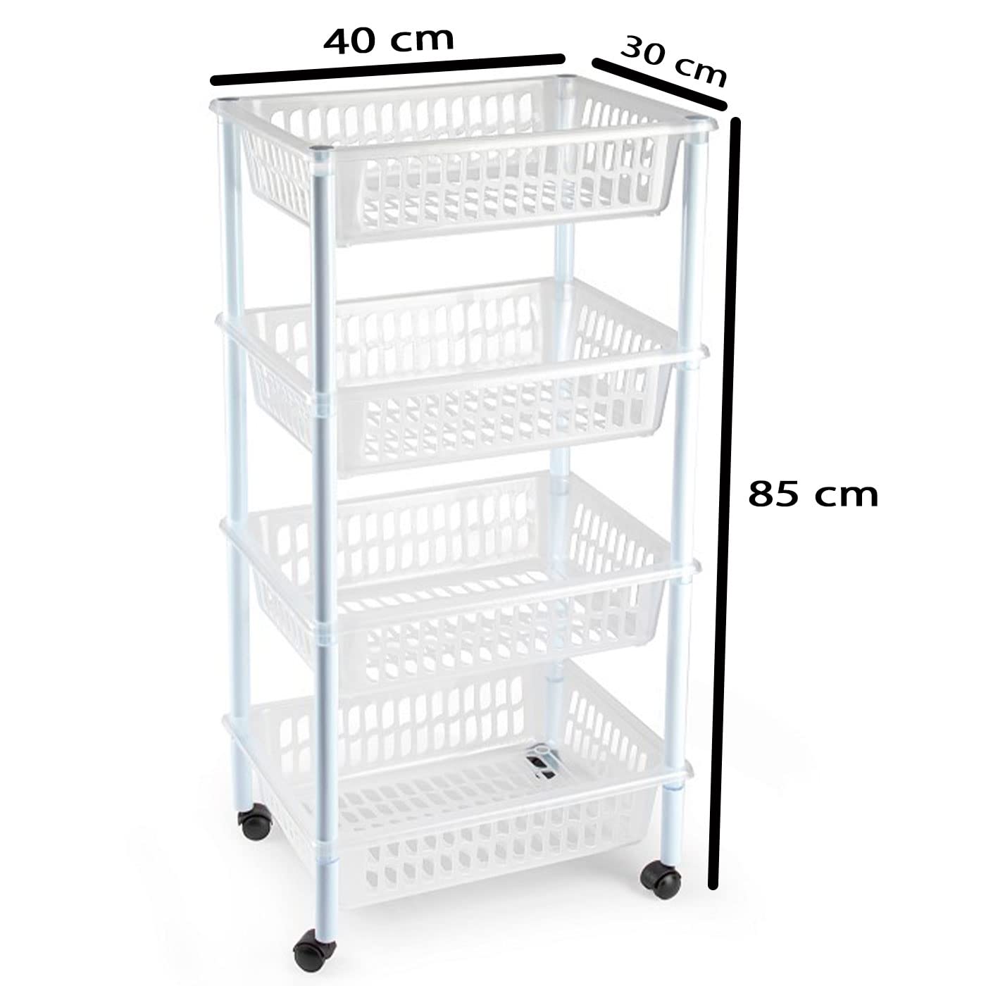 Acan Tradineur - Carrello per verdure, modello PLFT in plastica a 4 livelli e ruote, cestini impilabili portaoggetti, frutta, verdura, cucina, bagno (trasparente, 85 x 40 x 30 cm)