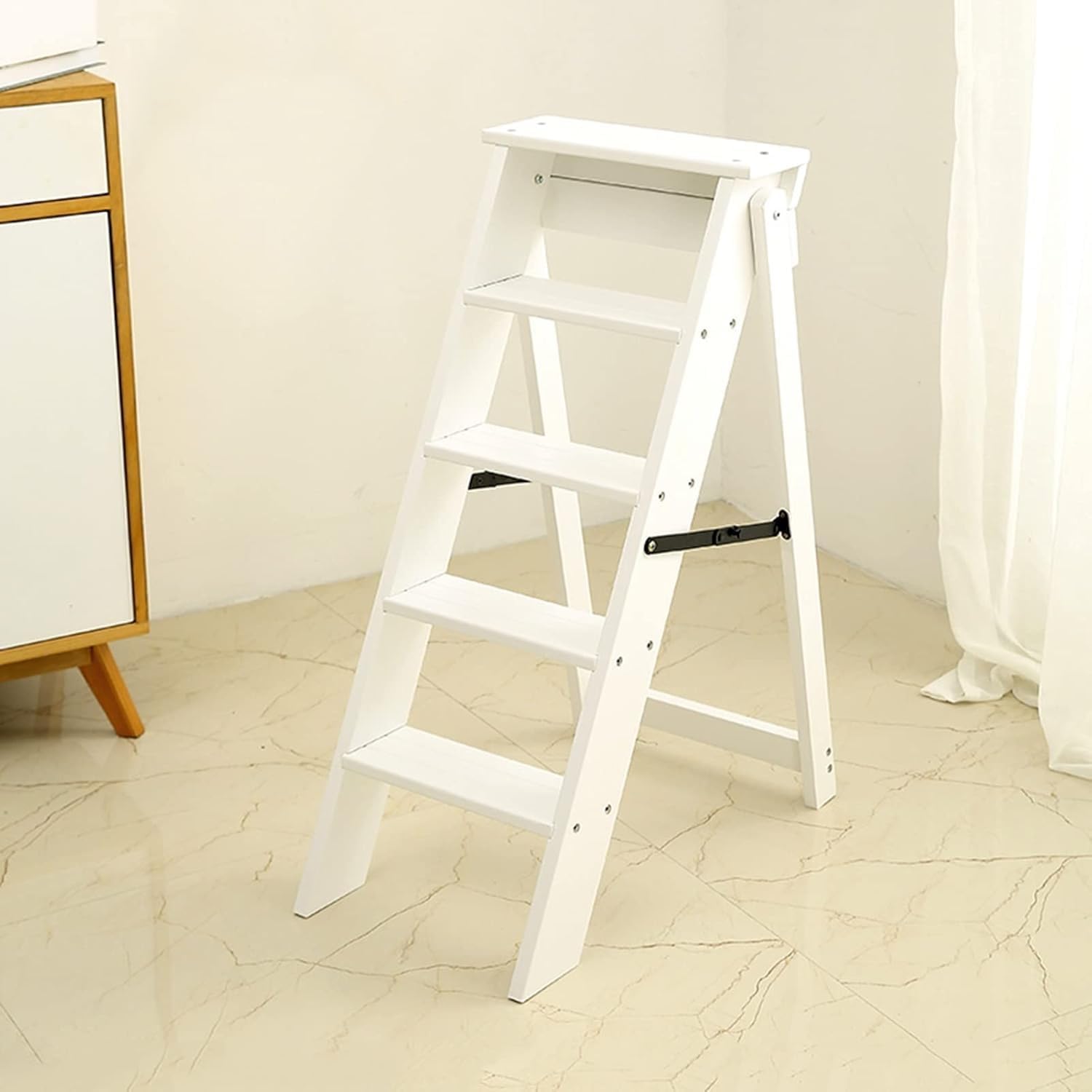 Wooden Folding 5 Step Stool Ladder Chair Portable Multifunctional Library Steps for Bookshelf Display