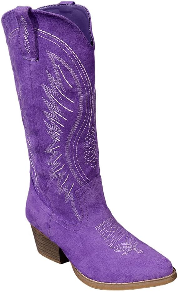 Women's Western Cowboy Boots - Embroidered Ankle Booties with Chunky Block Heel, Side Zipper Suede Cowgirl Boots for Country Concert