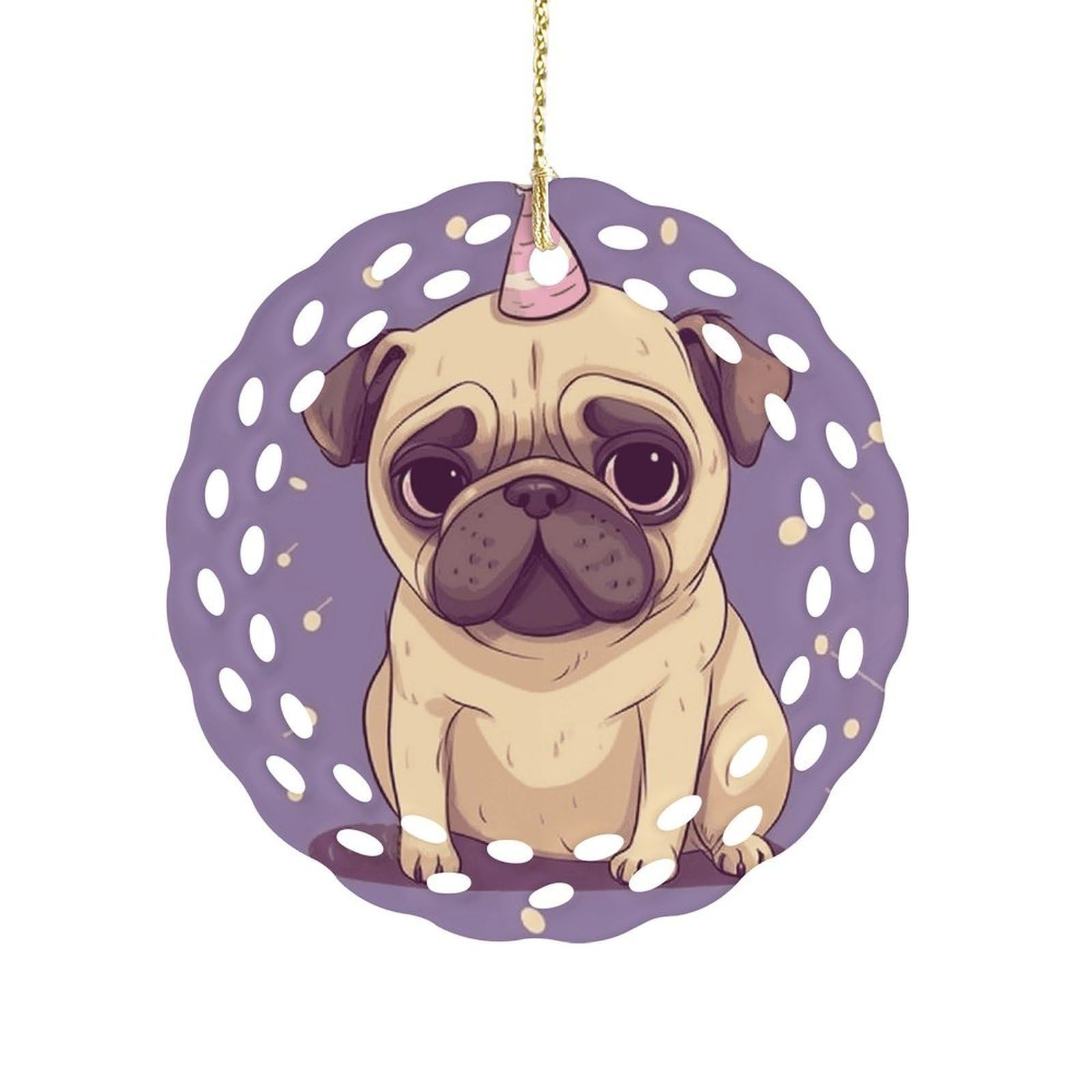 Fekiloot Women's Style Funny Cartoon Pug Puppy Dog Ceramic Ornaments 3 Inch Round,Holiday Keepsake For ,Girls,Pet Owners,Hanging Ornament Gifts Idea For Home