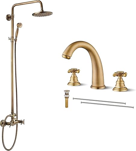 Juego de grifo de ducha de baño de latón antiguo de 8 pulgadas, cabezal de ducha de lluvia de mano, mango cruzado de latón antiguo de 8 pulgadas,