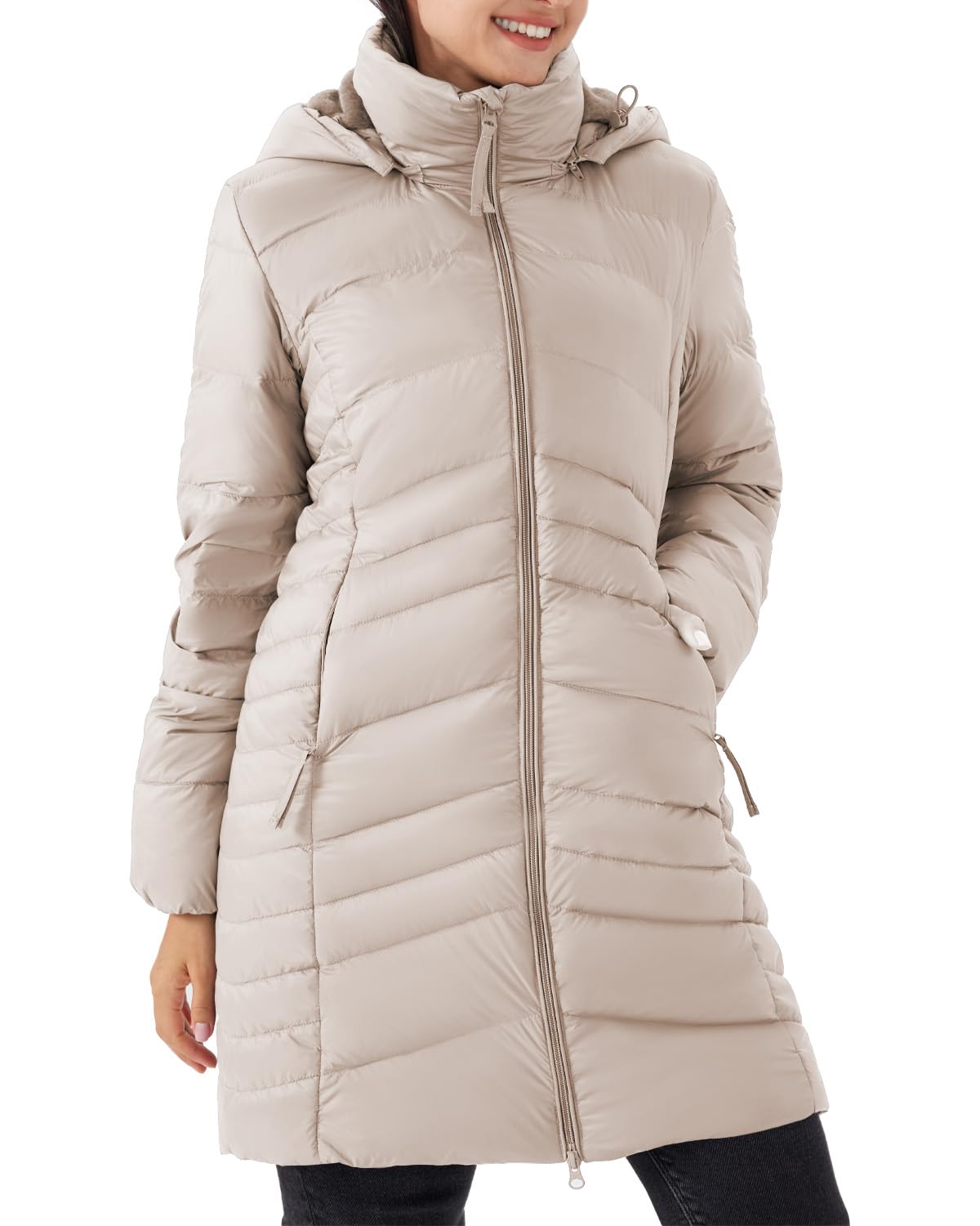 Women's Spring Jackets Lightweight Down Jacket Long Puffer Hiking Coat with Detachable Hood