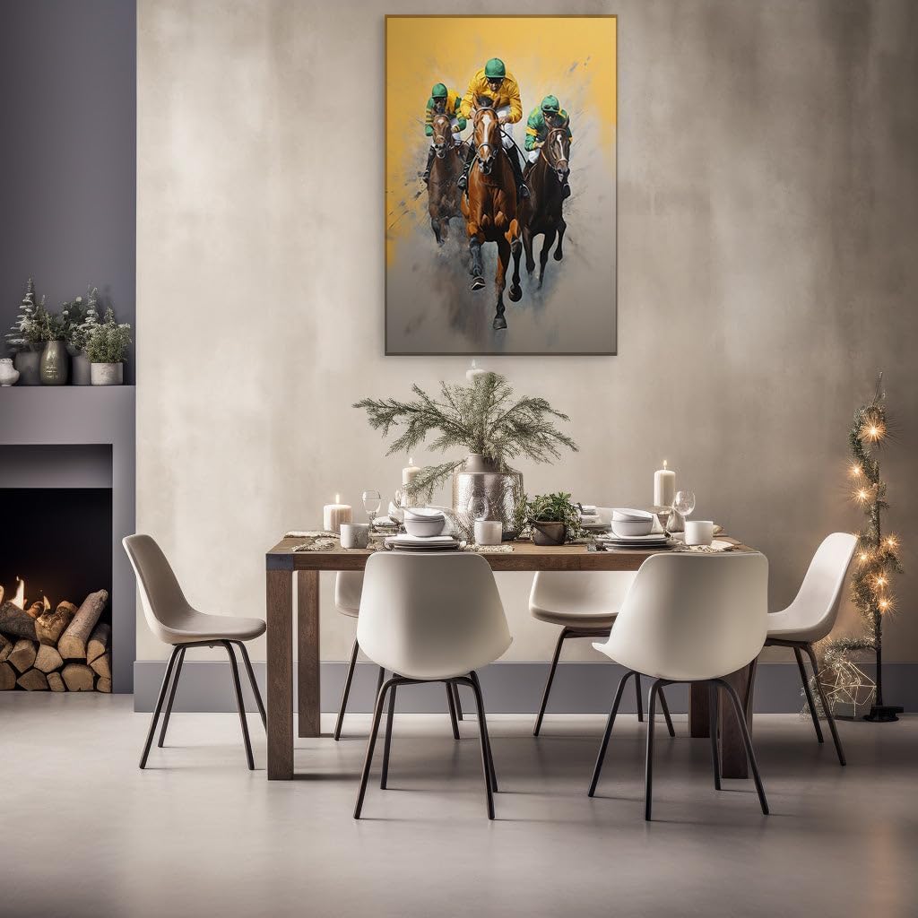 Canvas for Living room. Gallop towards Glory - A Thrilling Digital Depiction of Jockey Valor, 27 x 18 inch Canvas Wall Art - Contemporary Masterpieces - Modern Home Decor