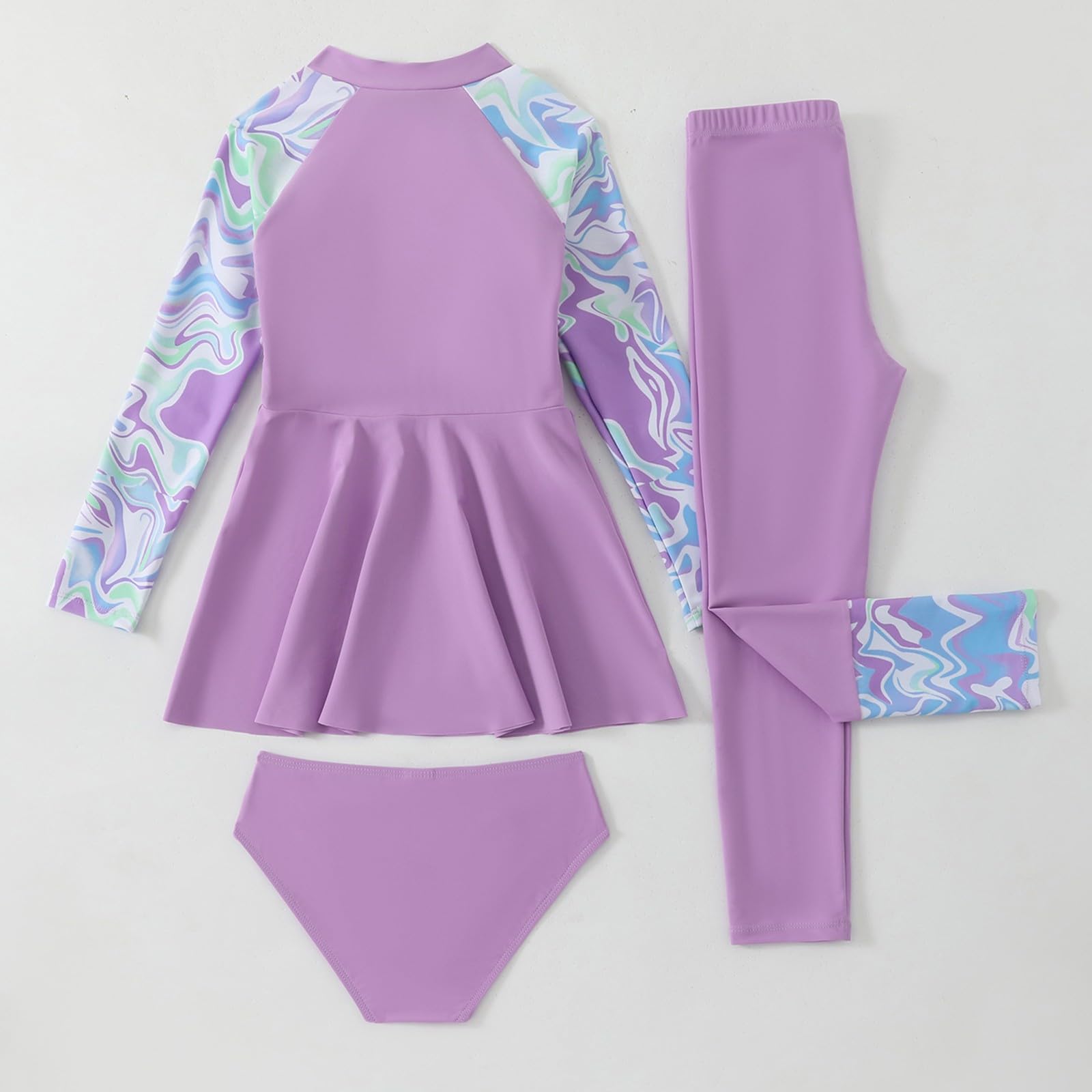 Generico Costume Tre Pezzi Ragazza Manica Lunga Pantaloni Lunghi con Cuffia per Nuoto Mare Piscina Costume Tre Pezzi Bambina Protezione con Design Moderno E Confortevole