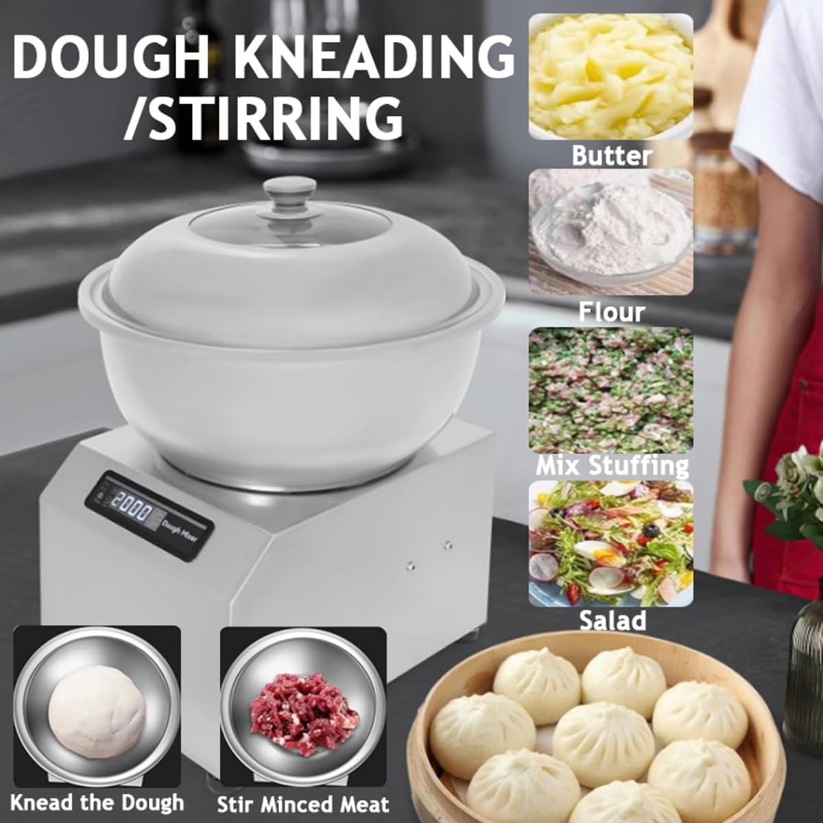 Pétrin électrique 5 kg/8 kg avec minuterie 30 min, pétrin professionnel en acier inoxydable, idéal pour la pâte à pizza et à pain(5kg)