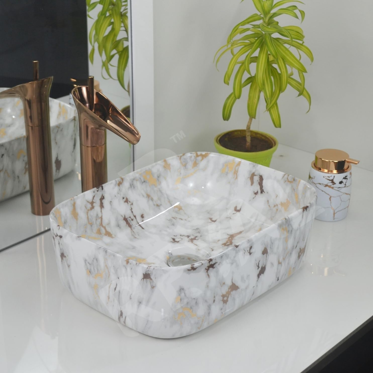 Reyal Marble Wash Basin - Ivory Gold Vessel Sink -16
