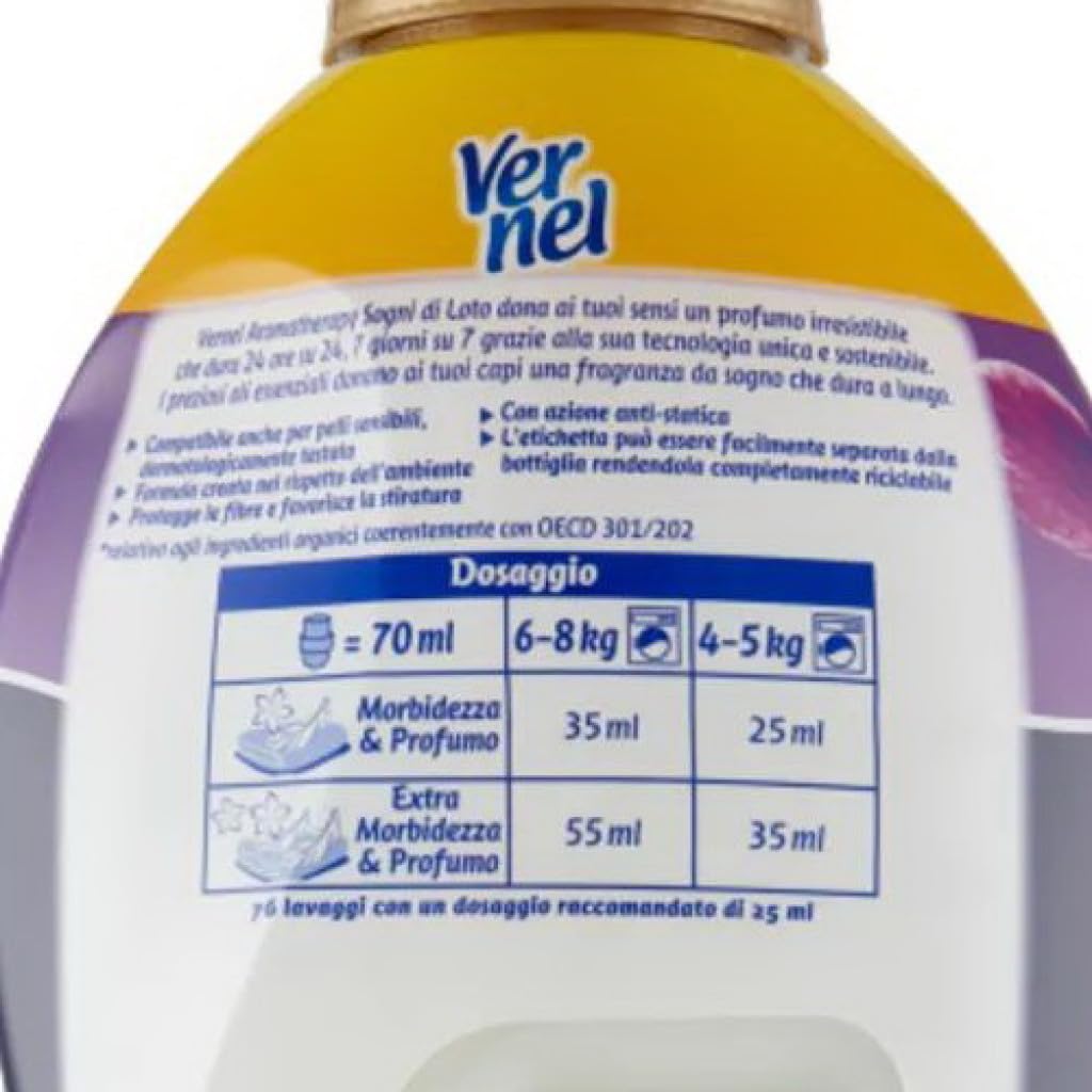 VERNEL Concentrato Aromaterapia Fiori Di Loto, suavizante, lavadora concentrada perfumada, frescura y suavidad intensas, 6 envases XXL de 1,9 litros + polpa italiana gourmet de 400 g