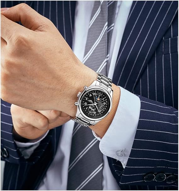 Guanqin Men Analog Automatic Self Winding Mechanical Wrist Watch with Stainless Steel/Leather Band Moon Phase (Silver Black-Cowhide)