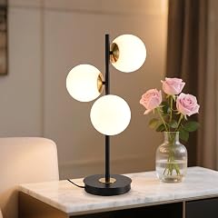 3-Light Black and Gold Table Lamp Milk White Glass Globe Table Lamp for Nightstand Mid Century Modern Bedside