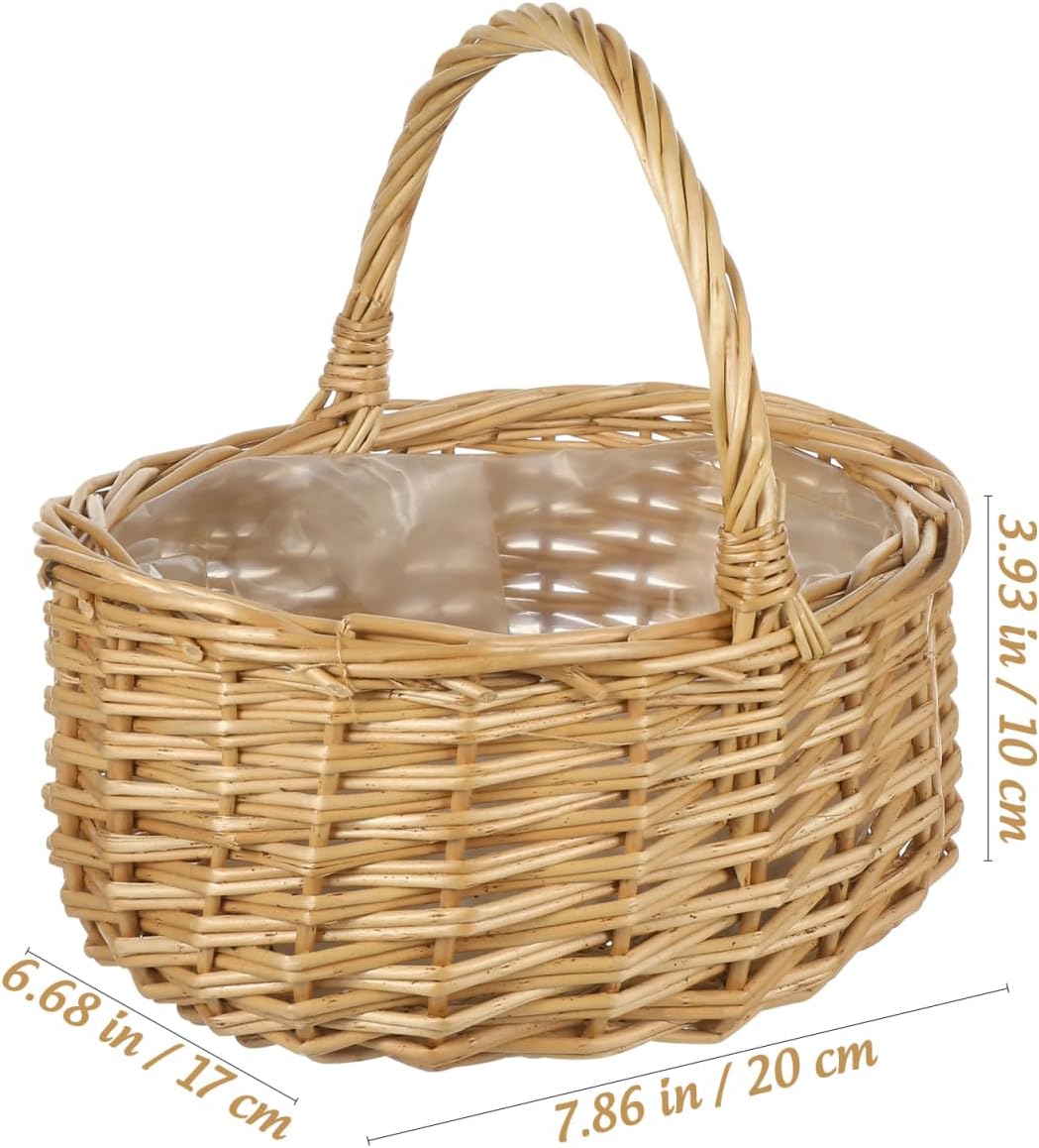 Wicker Easter Basket with Handle, Wicker Picnic Basket Flower Girl Basket Small Woven Gift Basket for Kids Egg Hunt, Candy, Eggs and Bunny Charm, Spring Party Decor Wedding (7.86 x 6.68 x 3.94 Inch)