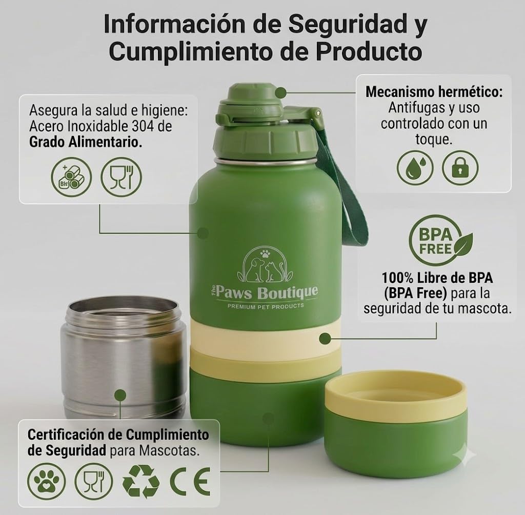 Borraccia per cani 3 in 1: abbeveratoio portatile in acciaio inox 950 ml, scomparto per cibo e ciotola extra rimovibile, a prova di perdite, senza BPA, ideale per viaggi e passeggiate