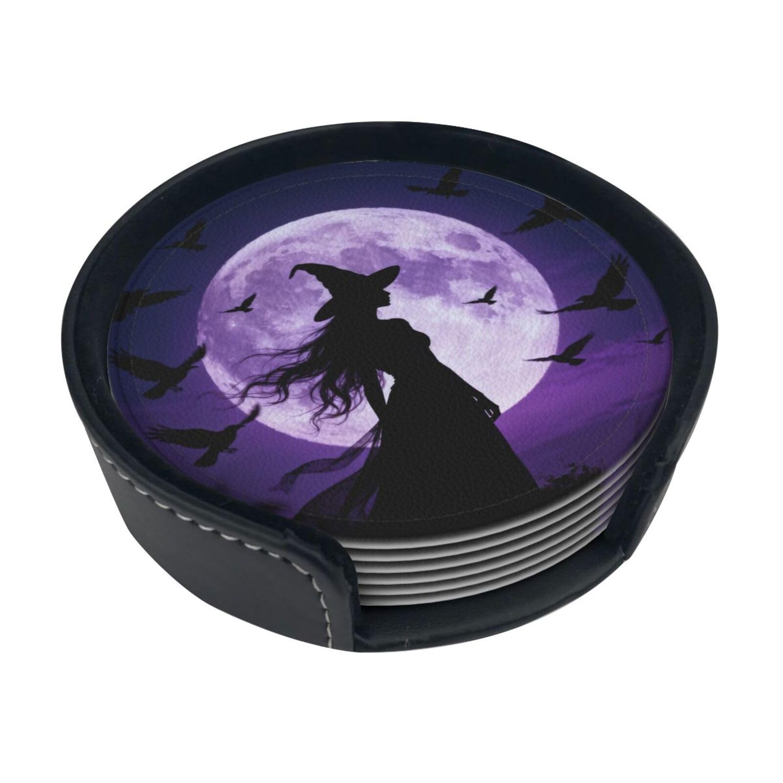 Beautiful Witch Leather Coasters-Set of 6 with Storage Holder