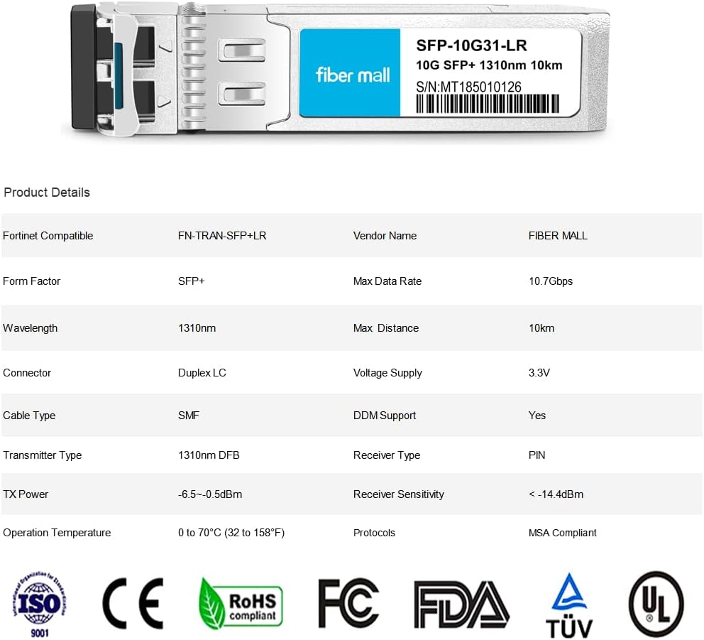 10G SFP LR for Fortinet Network FN-Tran-SFP-LR Compatible 10GBASE-LR SFP+ Module Transceiver SMF, 1310nm 10km, LC, DOM