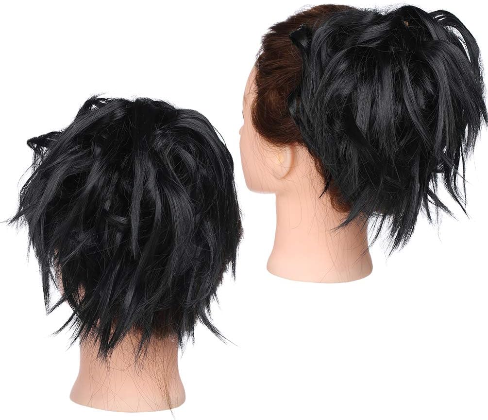 Tousled Updo Messy Bun Hair Extension Instant Ponytail With Elastic Rubber Band Updo Chignon Donut Scrunchies Extensions Hairpiece Synthetic Wavy Hair for Women Dark Black - Image 4