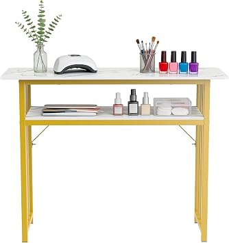 Manicure Table for Nail Tech, Modern Nail Beauty Desk with Storage Shelf, Marbling Surface and Golden Iron Frame, Professional Salon Workstation for Home Use, 80-120cm 100cm