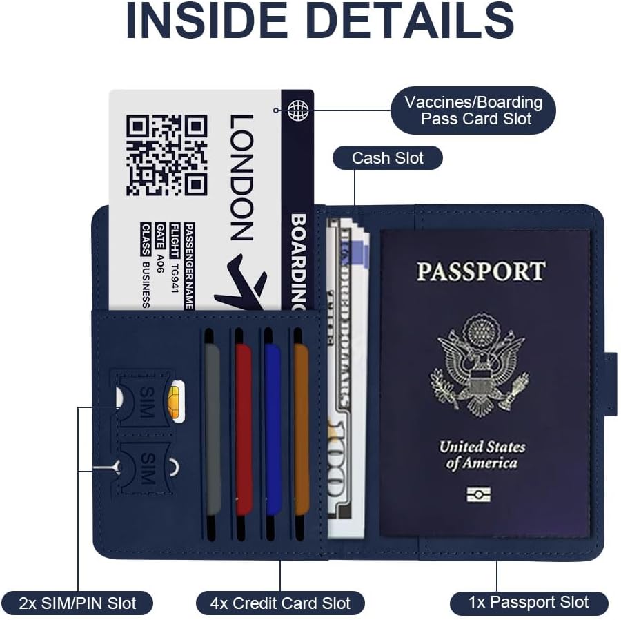 OFFCUP Passport Cover and Suitcase Tag Set, Faux Leather Passport Case, RFID Blocker Passport Cover for Men and Women Passport Case, Travel Passport Holder for Travel Documents, darkblue image 4